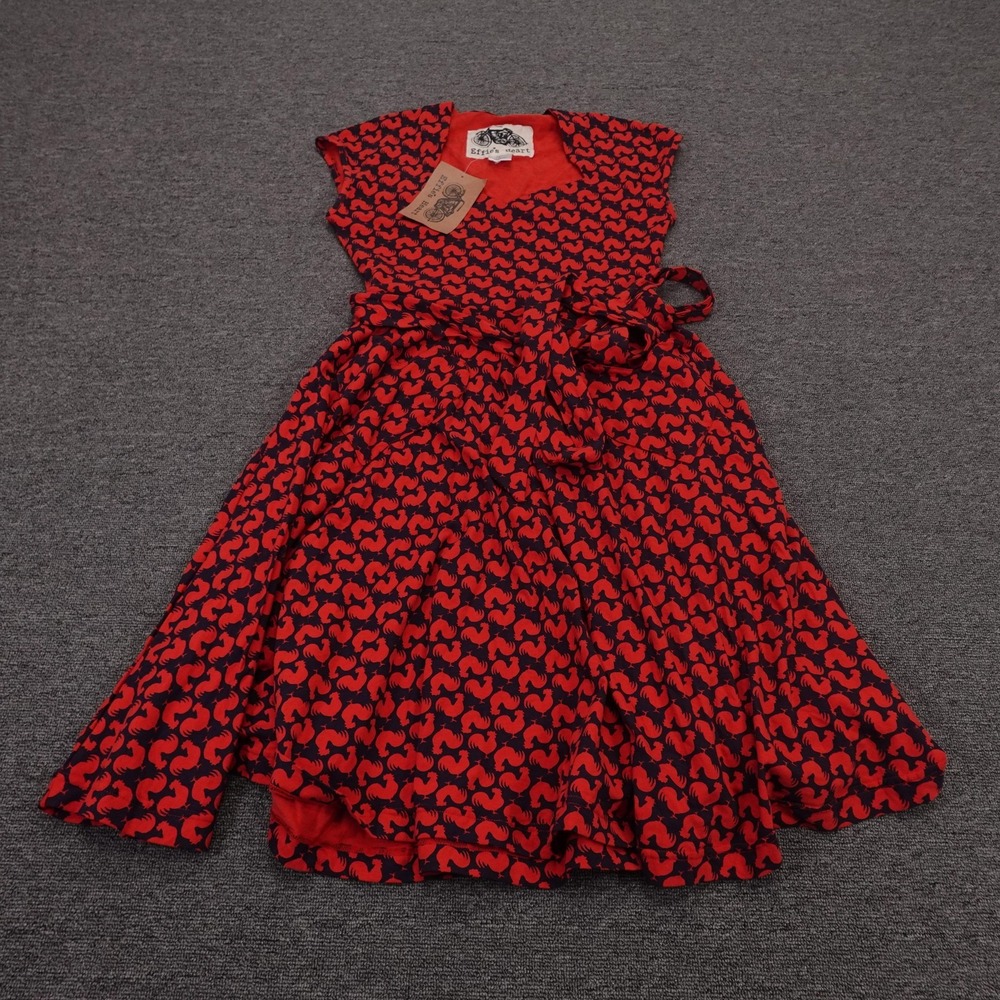 Effie's Heart Hedy Dress Womens Medium Red Rooster Print Wrap Fit & Flare Midi